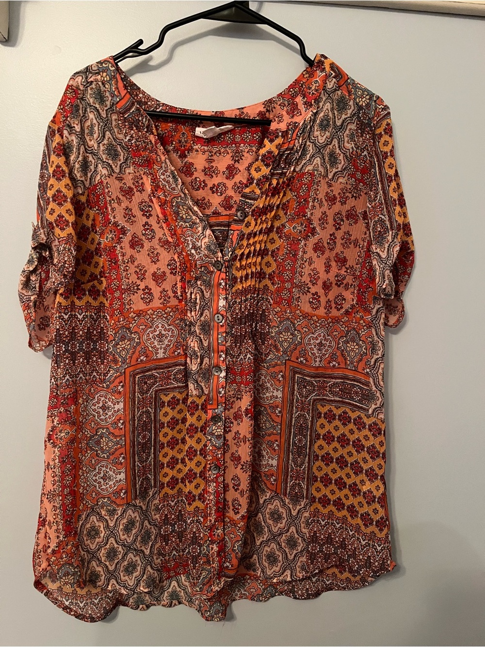 Westport Coral Multi Patchwork Button-Front Blouse